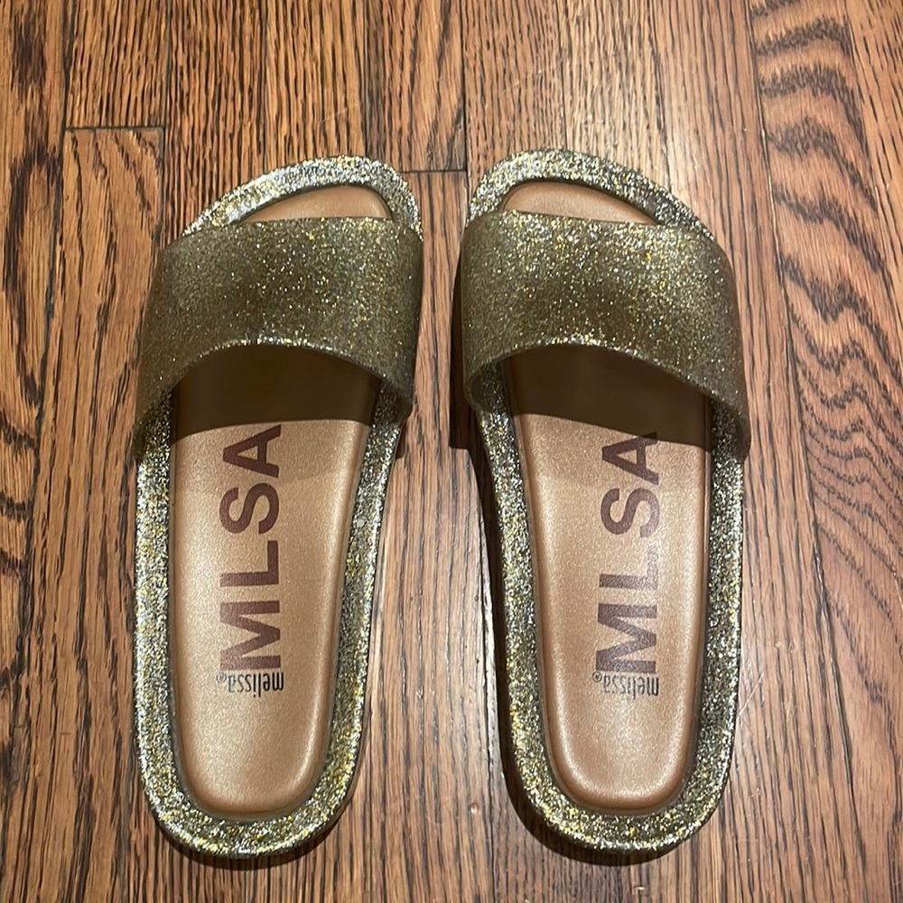 MINI MELISSA GOLD SPARKLE SLIDES ( perfect valentines gift for daughter)
